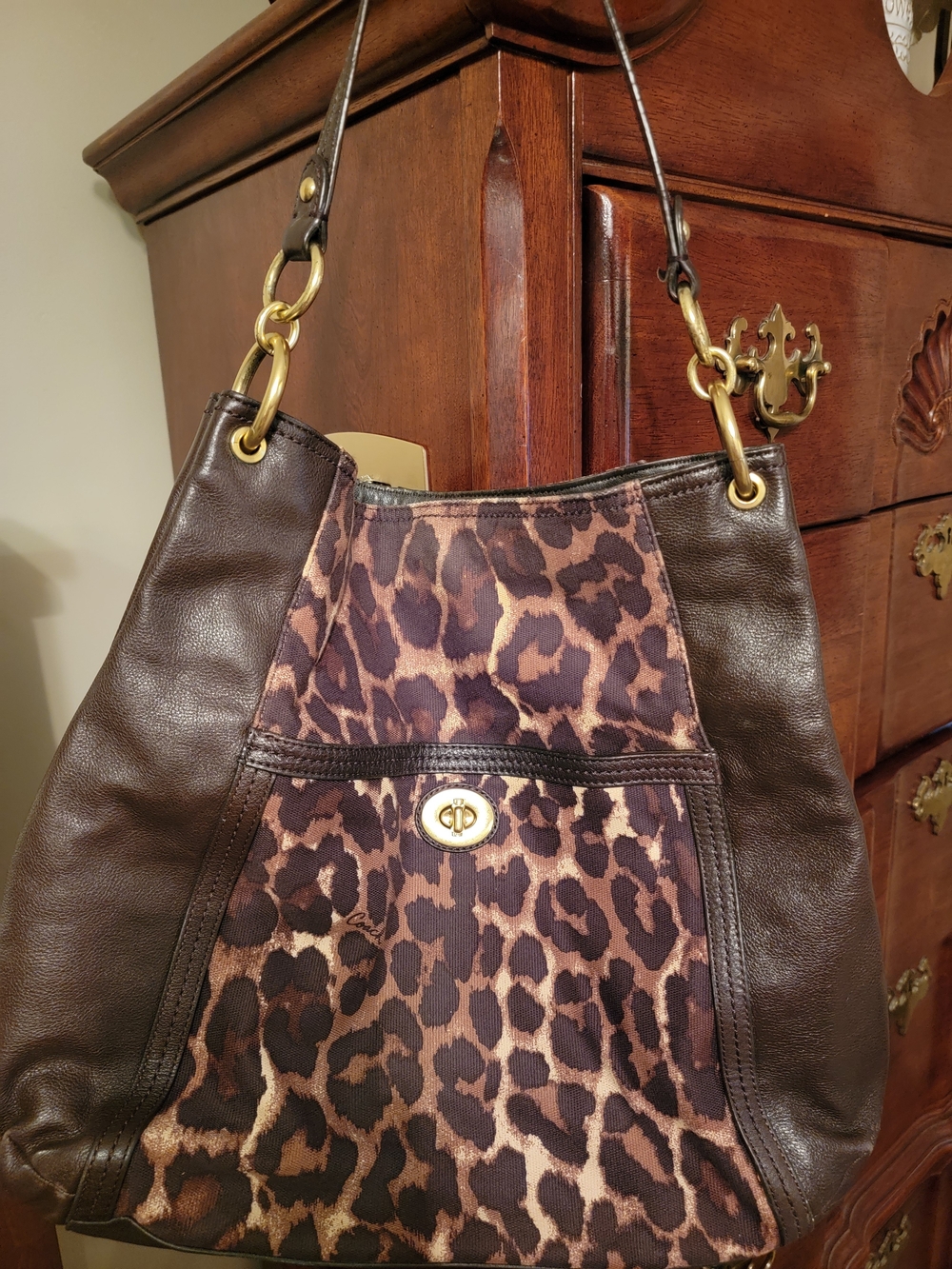 Coach Brown Leopard Print Shoulder Bag with Gold Hardware